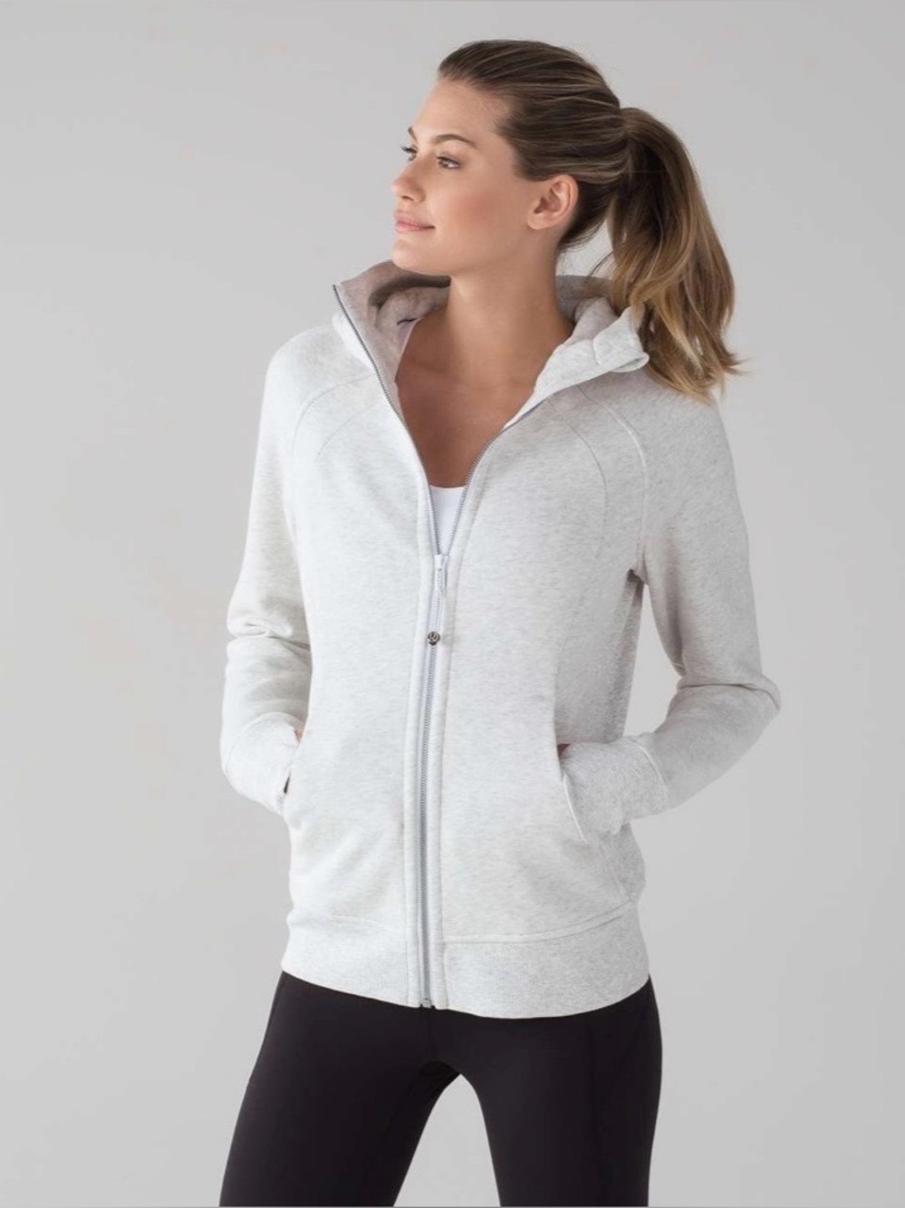 Lululemon Size 6 Scuba Hoodie Light Cotton Fleece Zip Up Heathered White